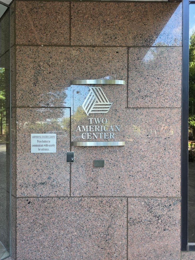 Street signage for the Two American Center building on West End Avenue